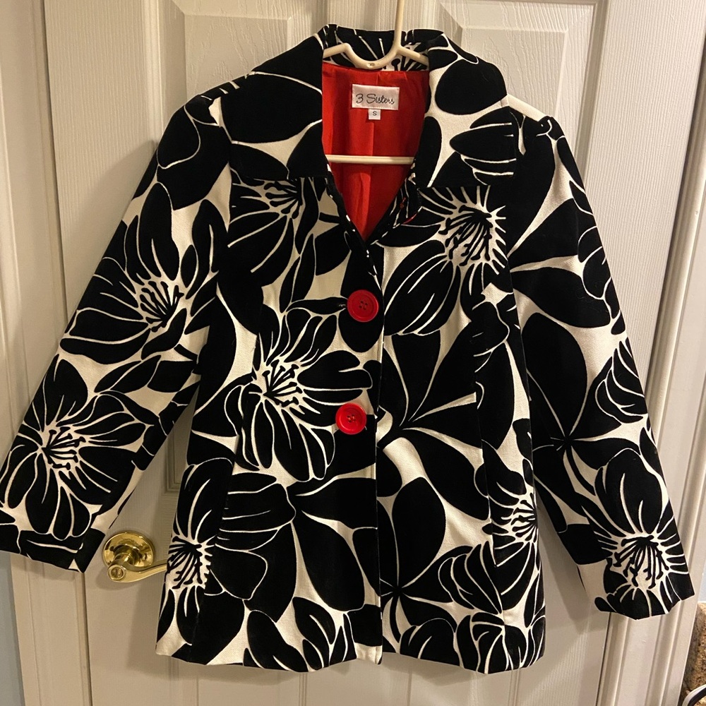 3 Sisters black and white velour floral coat, size small, excellent